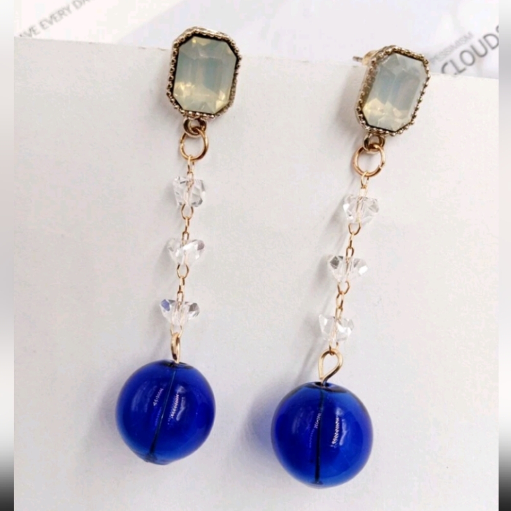 Glass Ball With Crystal Tassel Chain Earrings